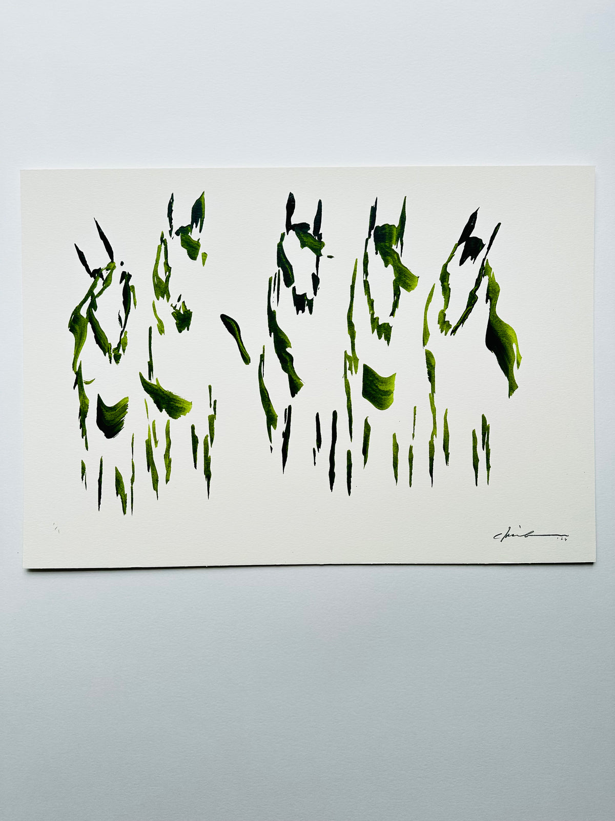 Straight-on view of the five green horses painting