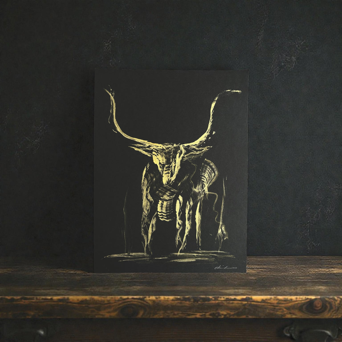 Gold interference acrylic painting of a longhorn bull on black paper