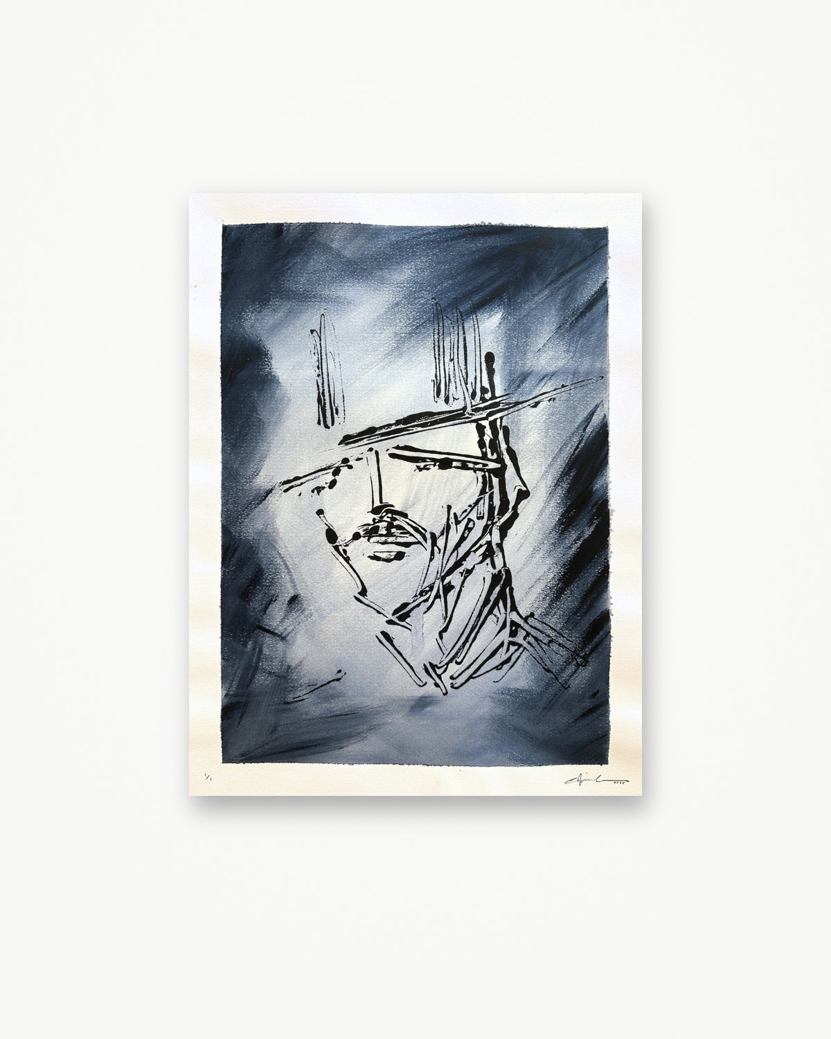 Back in Blue, cowboy face in black acrylic beneath a wide-brim hat over smoky Payne's gray, cold-pressed watercolor paper (brightened view)