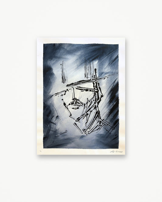 Back in Blue, cowboy face in black acrylic beneath a wide-brim hat over smoky Payne's gray, cold-pressed watercolor paper (brightened view)