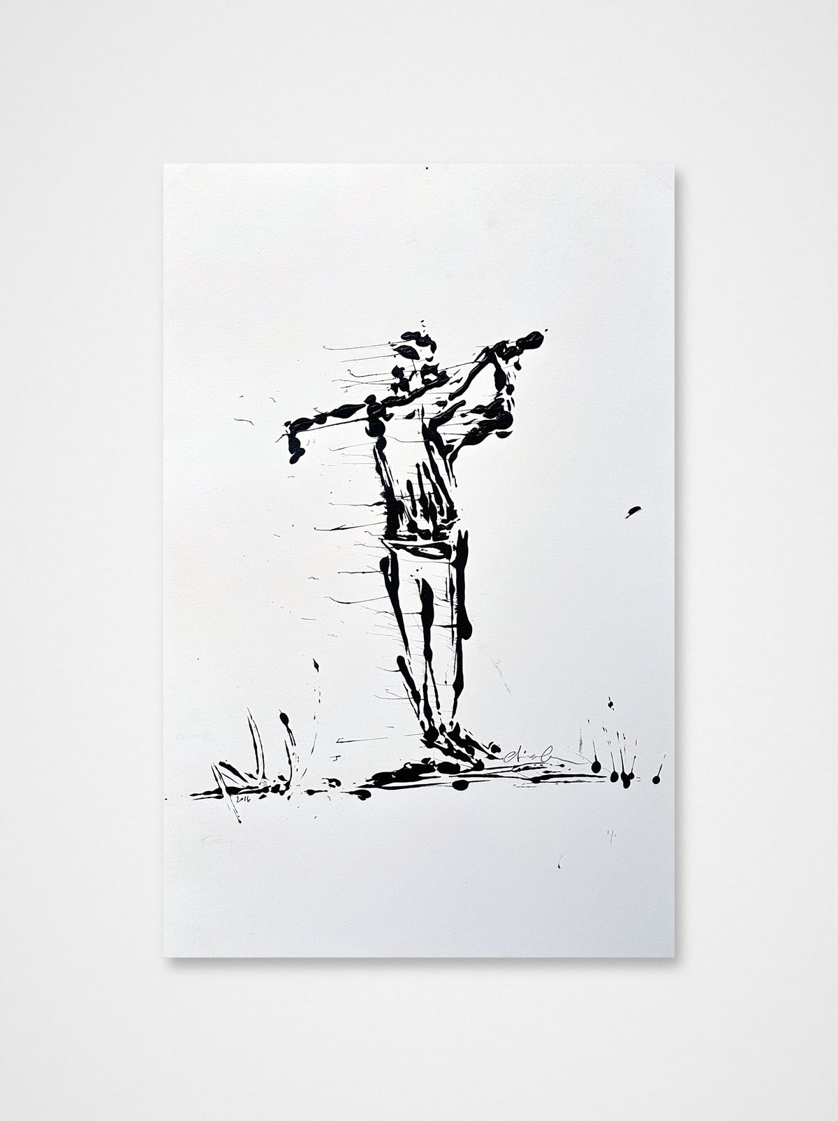 Straight Down Tea Olive, a signed 2016 original black acrylic painting of a golfer at the finish of his swing by Chris Coleman, on white paper