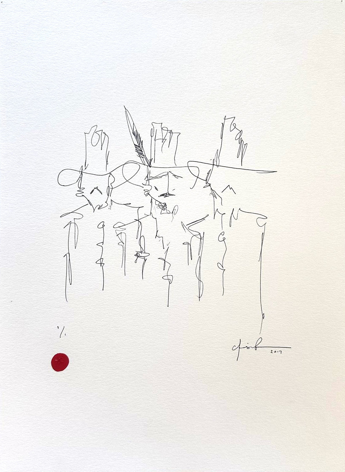 Close view of the Three Cowboys pen and ink line drawing, signed, dated and marked 1/1