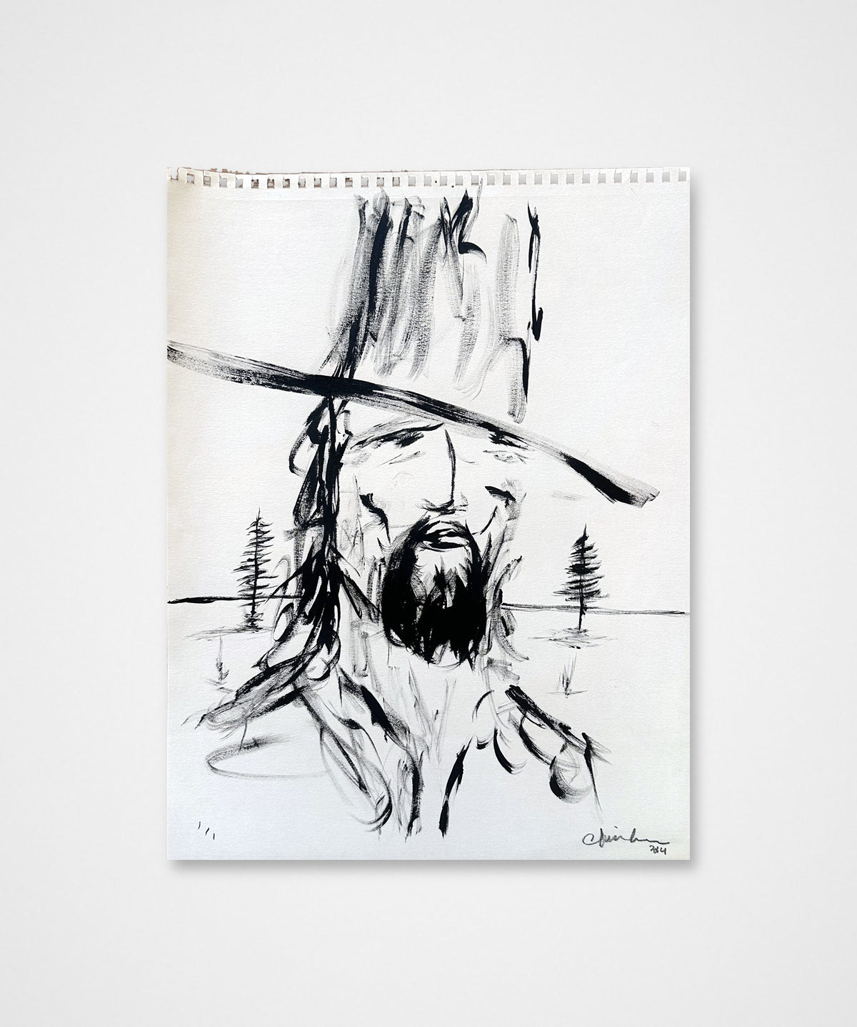 Signed 2014 original black acrylic portrait by Chris Coleman of a bearded man in a hat with pines behind him, painted in Copenhagen, on white paper