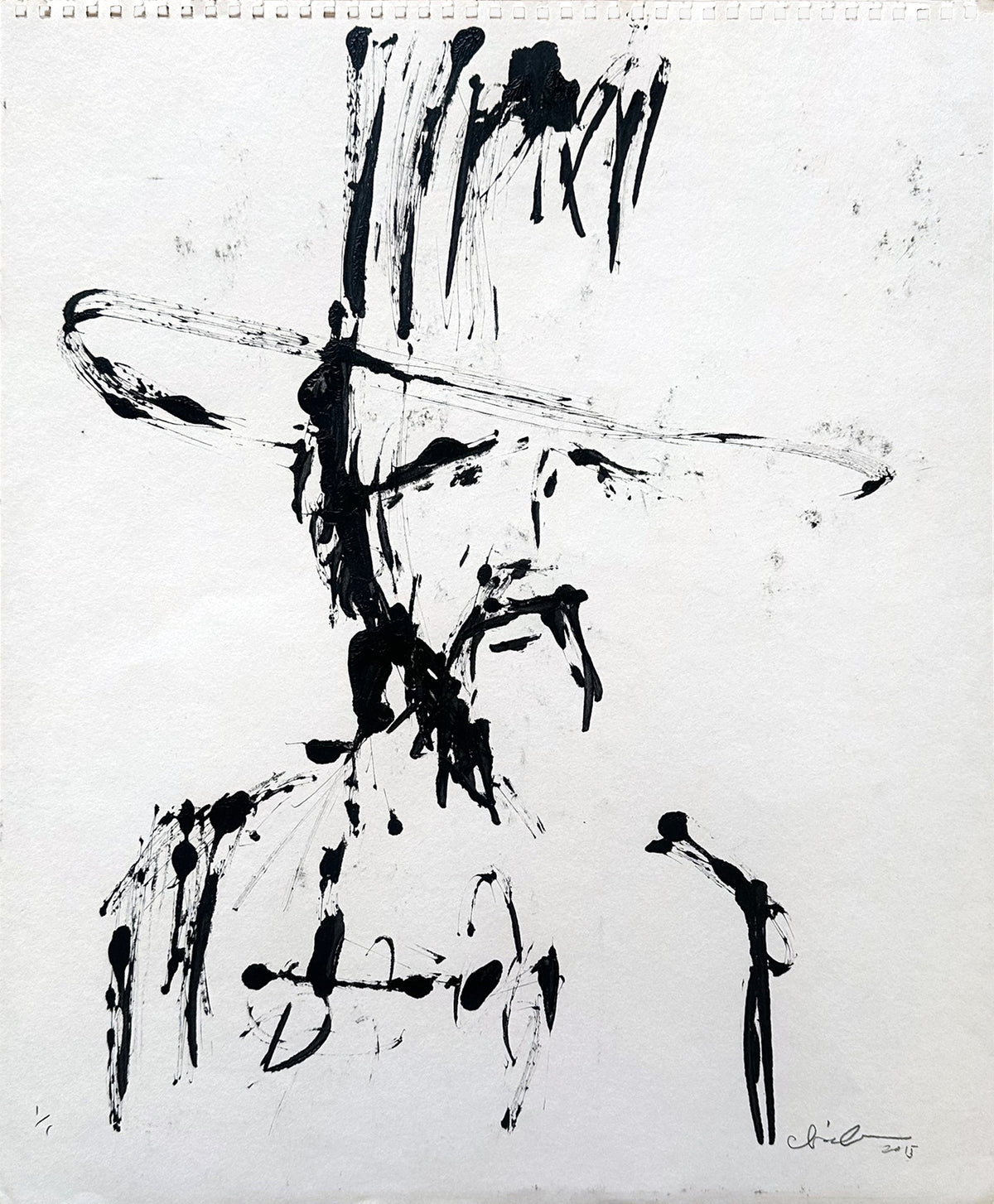 Close view of the back of the sheet, the 2015 acrylic hat portrait by Chris Coleman, signed, dated and marked 1/1