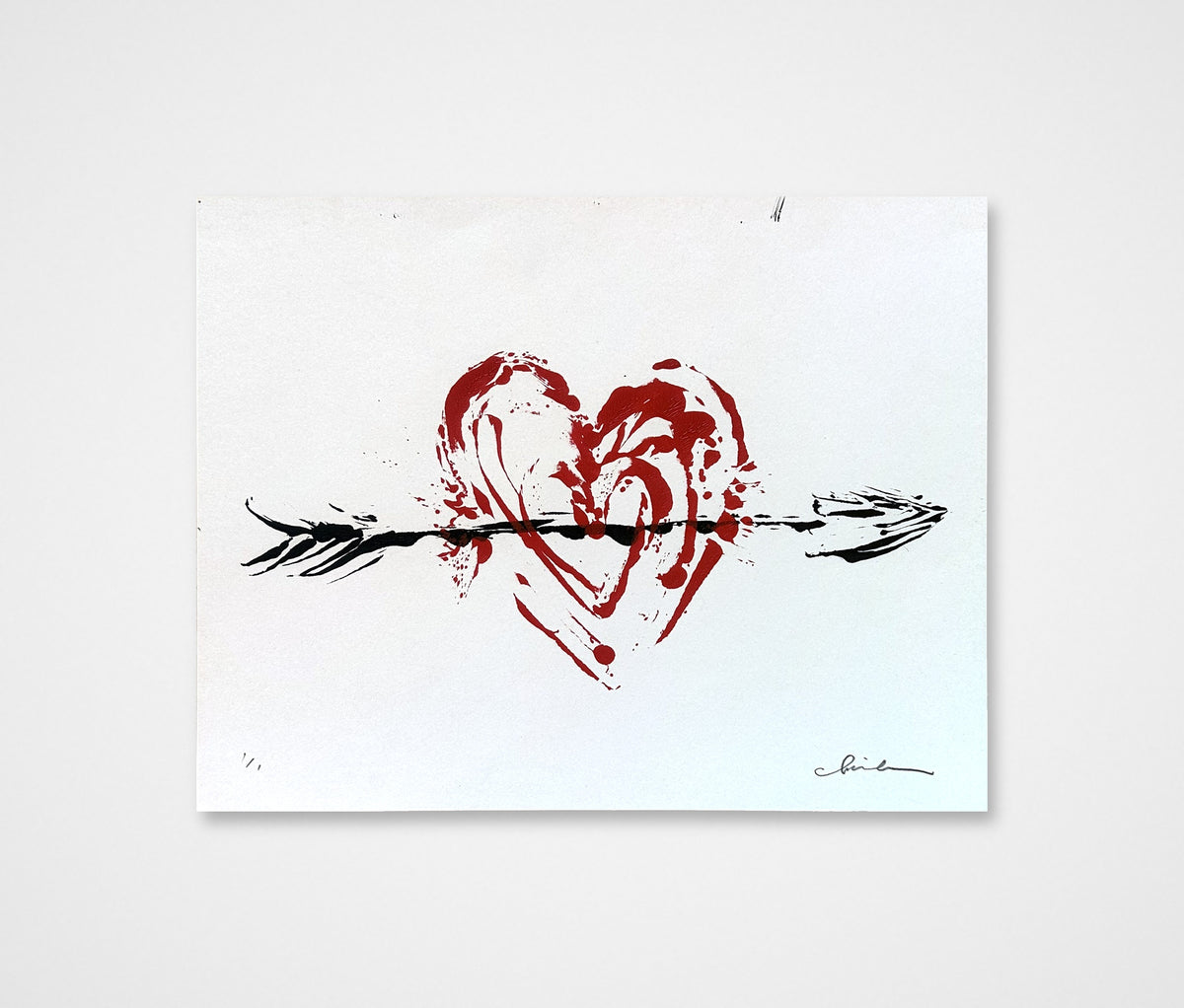 Signed 2014 original acrylic painting by Chris Coleman of a red heart pierced by a black arrow, on white paper