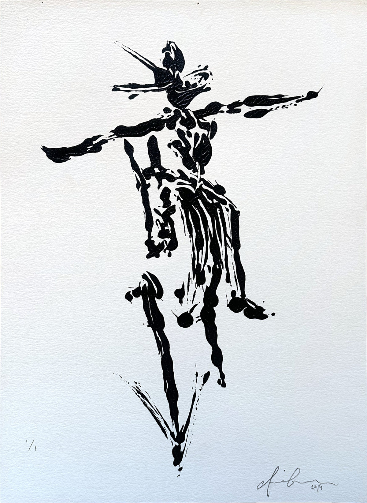 Close view of the 2014 acrylic painting by Chris Coleman of a rider on horseback with arms outstretched, signed, dated and marked 1/1