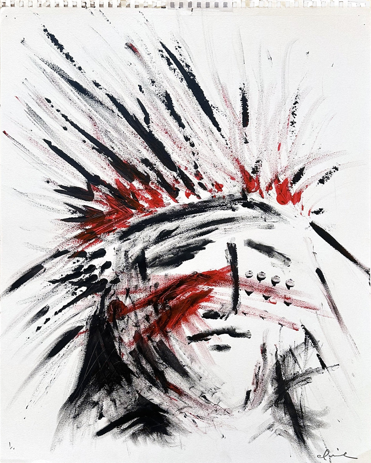 Close view of Ancient Leader, the red and black acrylic painting by Chris Coleman, signed and marked 1/1