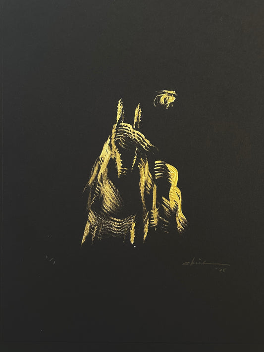 Gold acrylic painting of a horse with a small moon on black paper