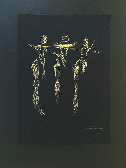 Gold acrylic painting of three cowboys standing side by side on black paper