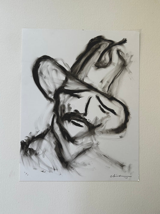 Black oil pastel portrait of a mustached cowboy in a hat on white Bristol board