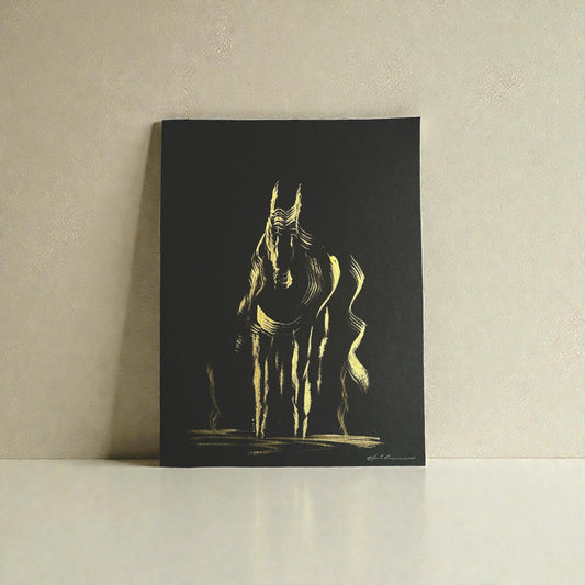 Gold interference acrylic painting of a horse on black paper