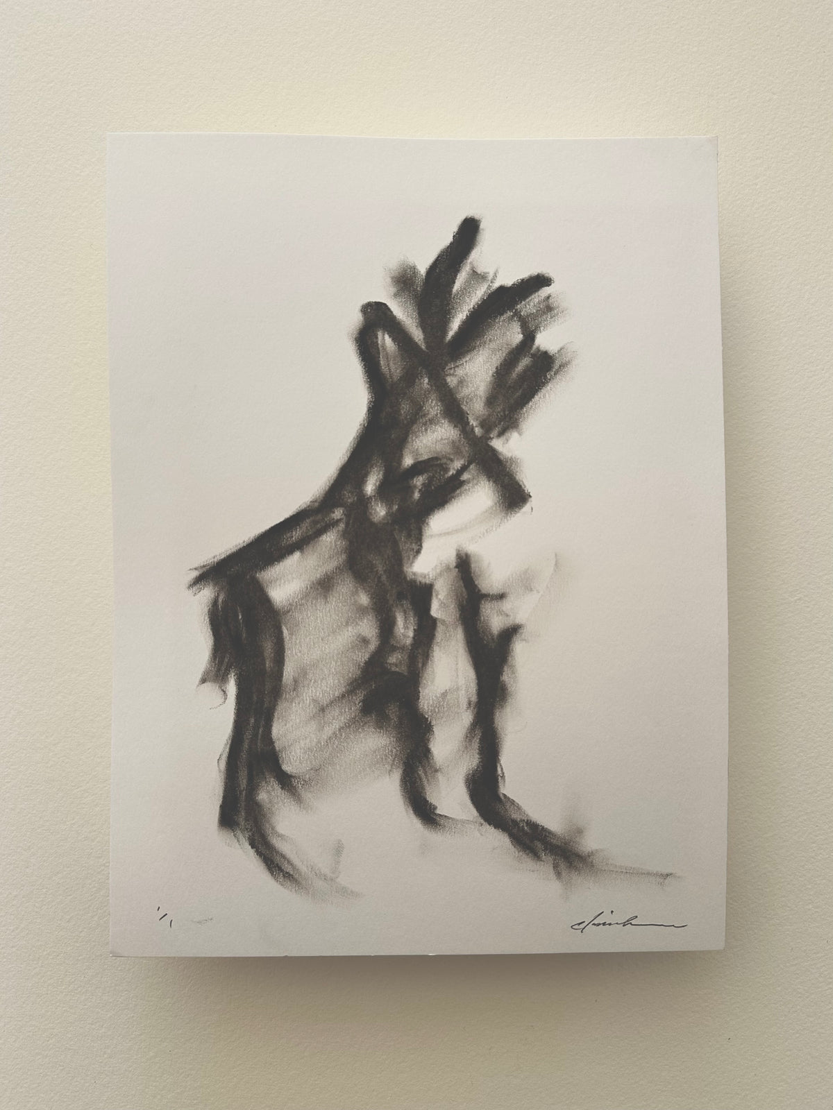 Expressive black oil pastel drawing of a horse on white Bristol board