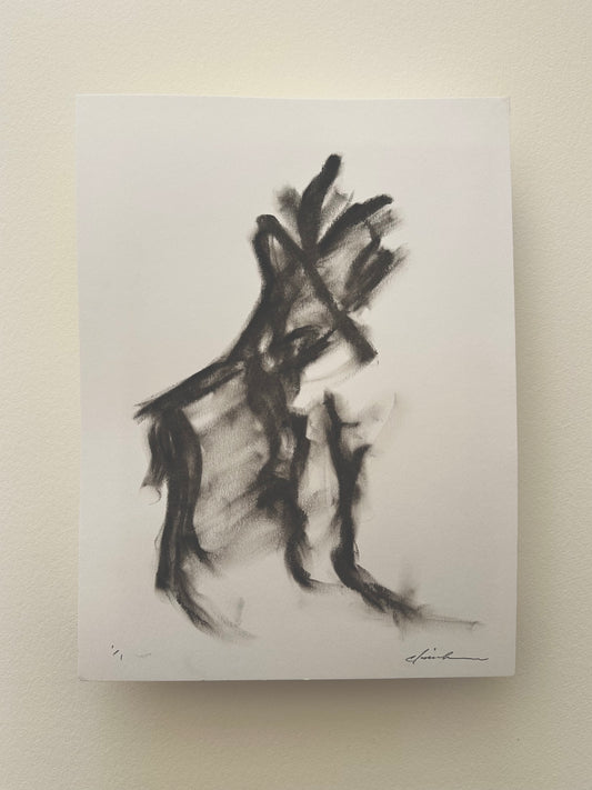 Expressive black oil pastel drawing of a horse on white Bristol board