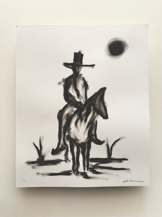 Black oil pastel drawing of a cowboy on horseback under a dark moon on white Bristol board