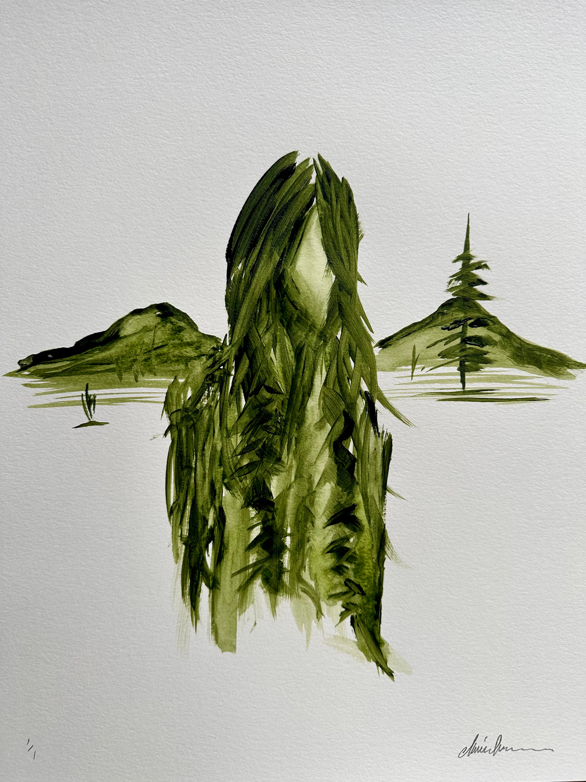 Sap green acrylic painting of a figure with long flowing hair set against hills and pine trees on white paper