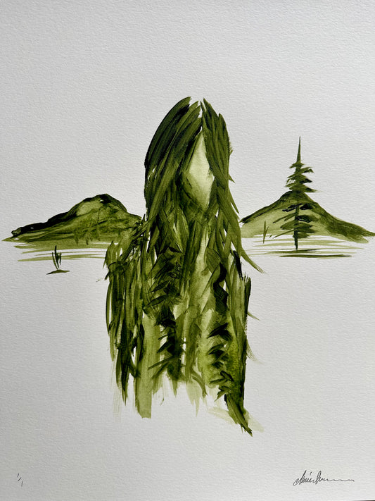 Sap green acrylic painting of a figure with long flowing hair set against hills and pine trees on white paper