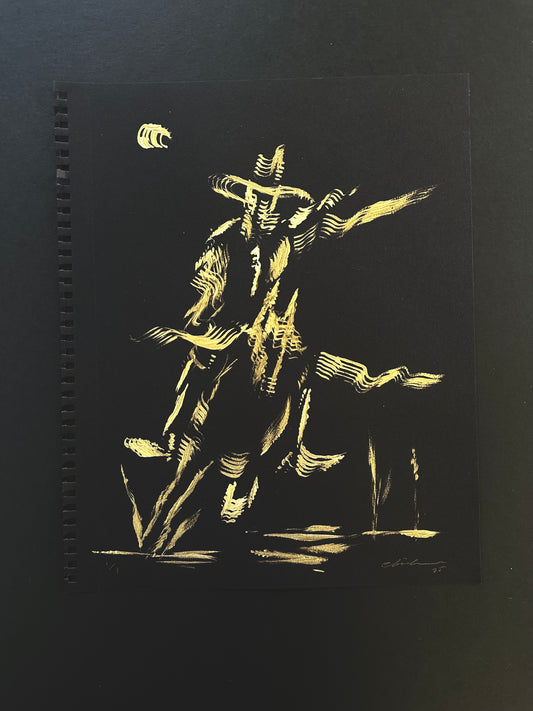 Gold acrylic painting of a cowboy riding a horse under a moon on black paper