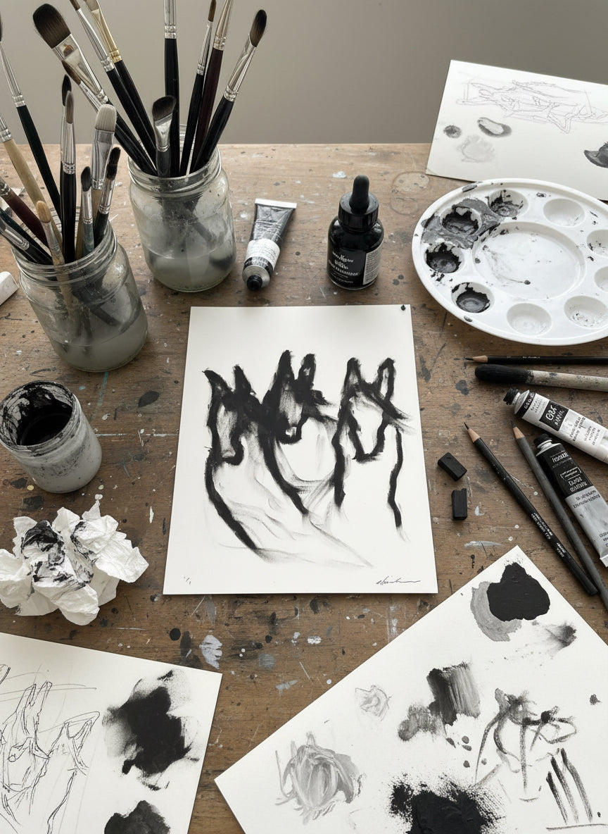 The "Horse posse" drawing on a studio table with brushes, paints and sketches