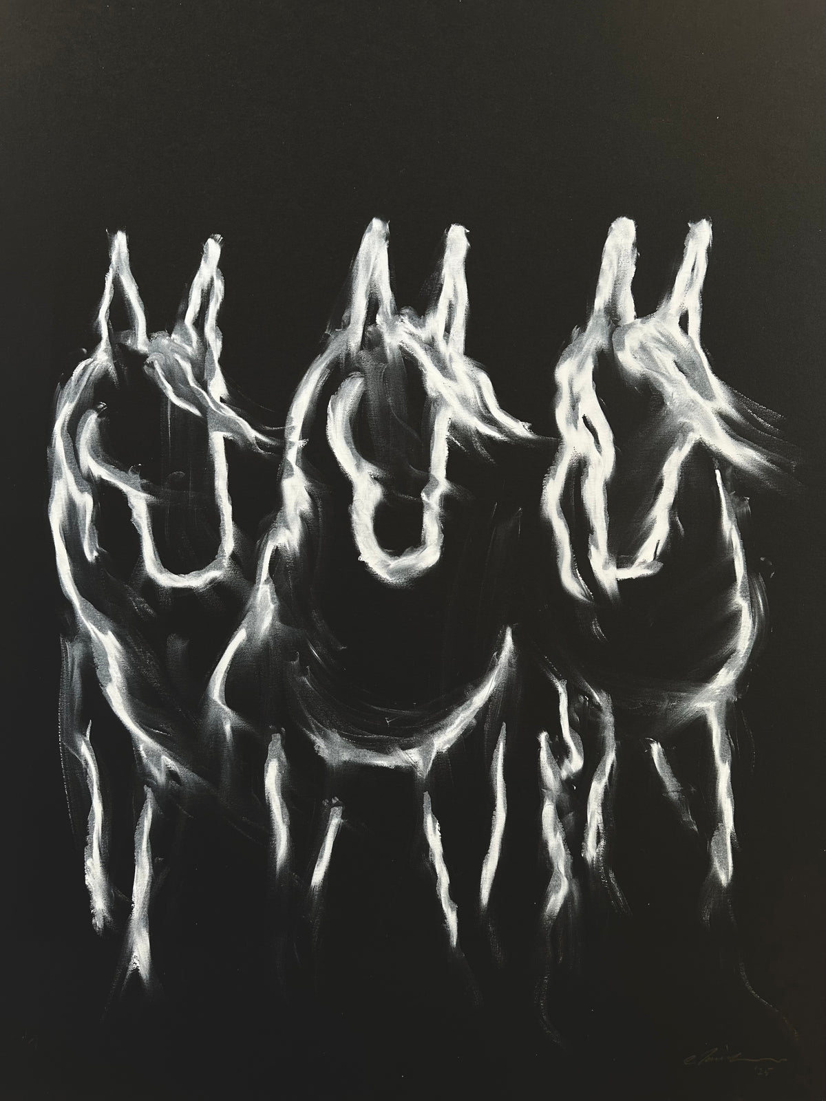 Three horses drawn in white oil pastel on black paper