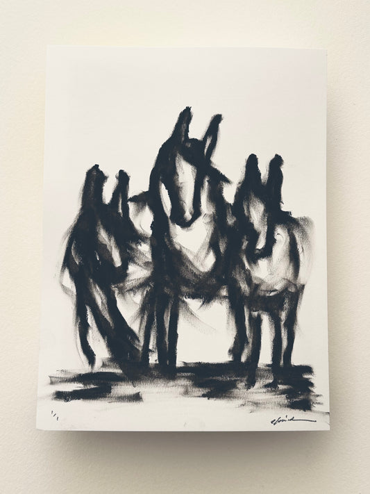 Black oil pastel drawing of a group of horses standing together on white Bristol board