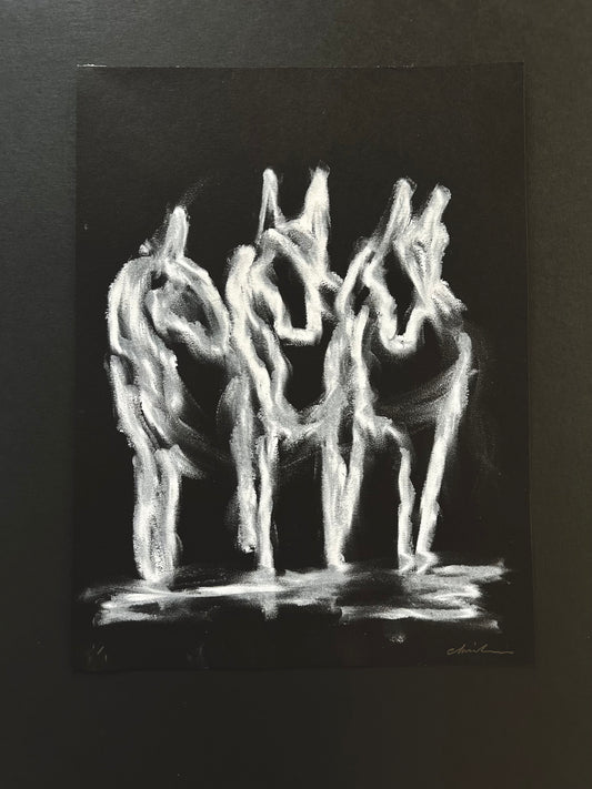 Three horses drawn in white strokes on black