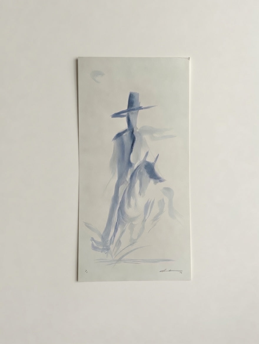 Payne's grey acrylic painting of a cowboy on horseback on white archival board