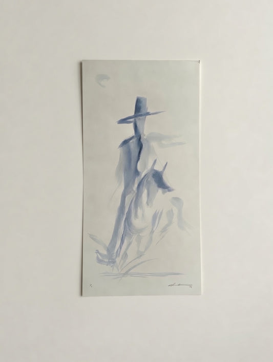 Payne's grey acrylic painting of a cowboy on horseback on white archival board