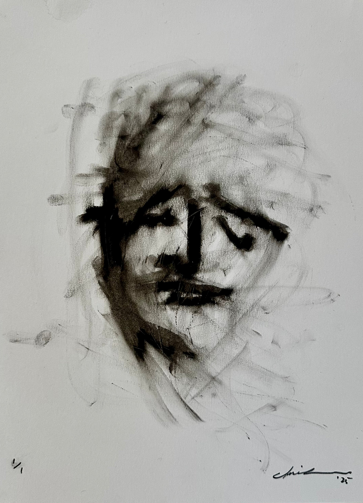 Close-up of the oil pastel face with signature