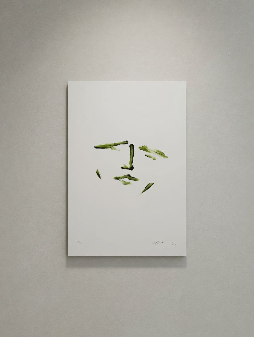 Minimal Jenkins green acrylic strokes suggesting eyes and a face on white Bristol board