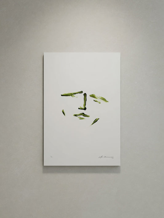 Minimal Jenkins green acrylic strokes suggesting eyes and a face on white Bristol board