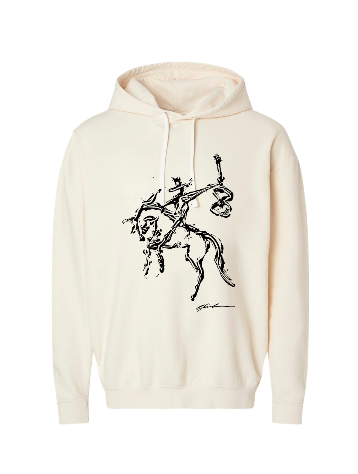 Cream hoodie printed with black ink artwork of a rider on horseback holding a guitar