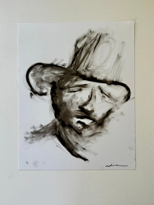 Black oil pastel portrait of a cowboy in a wide-brim hat on white Bristol board