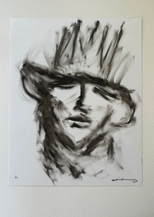 Black oil pastel portrait of a young cowboy in a hat on white Bristol board