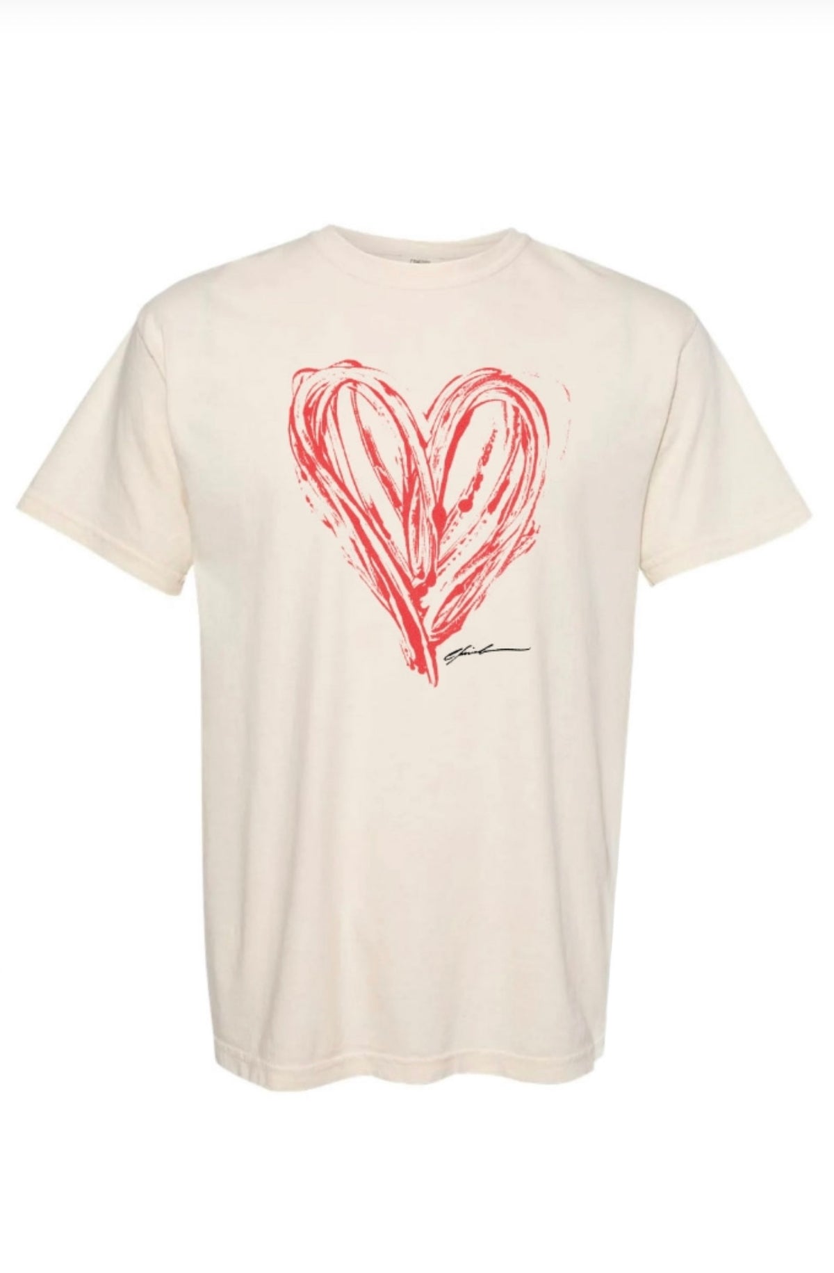 Cream T-shirt printed with a red brushstroke heart