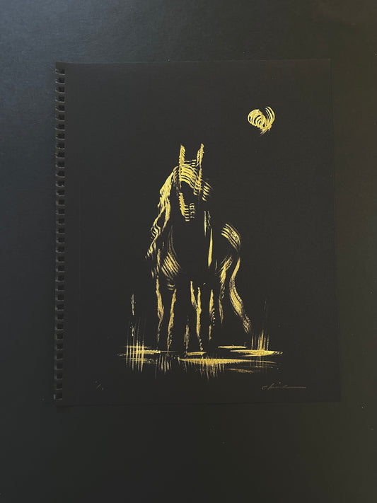 Gold acrylic painting of a horse beneath a moon on black paper