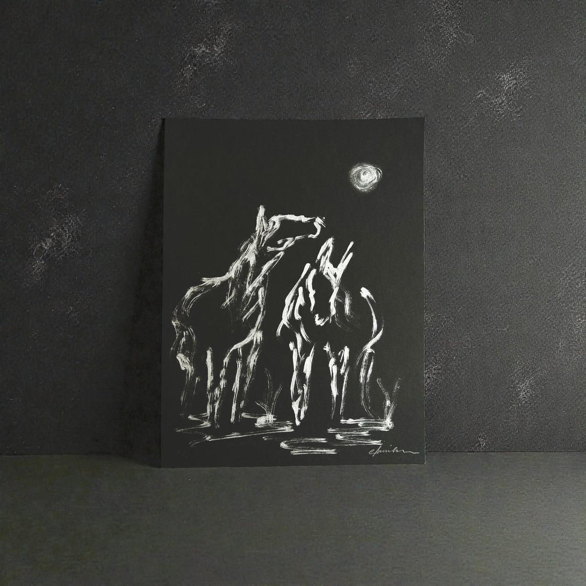 Silver acrylic painting of horses under a full moon on black paper