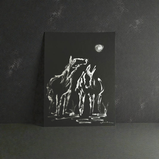 Silver acrylic painting of horses under a full moon on black paper