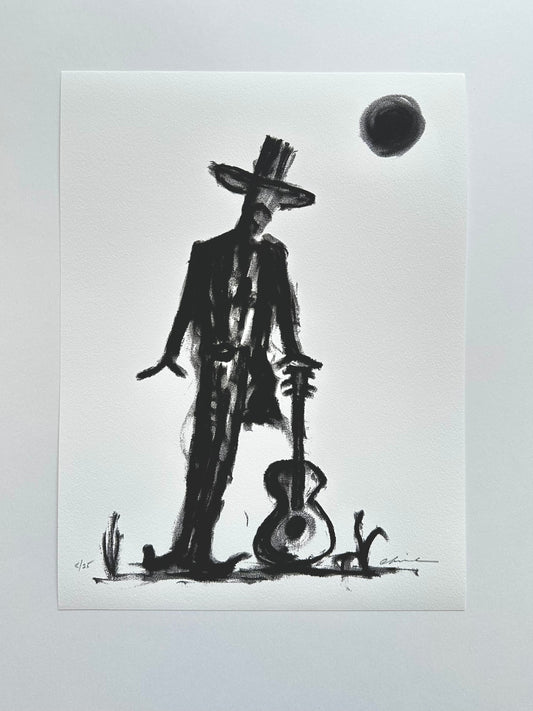 Black ink artwork of a cowboy holding a guitar under a dark moon, giclée print on white paper