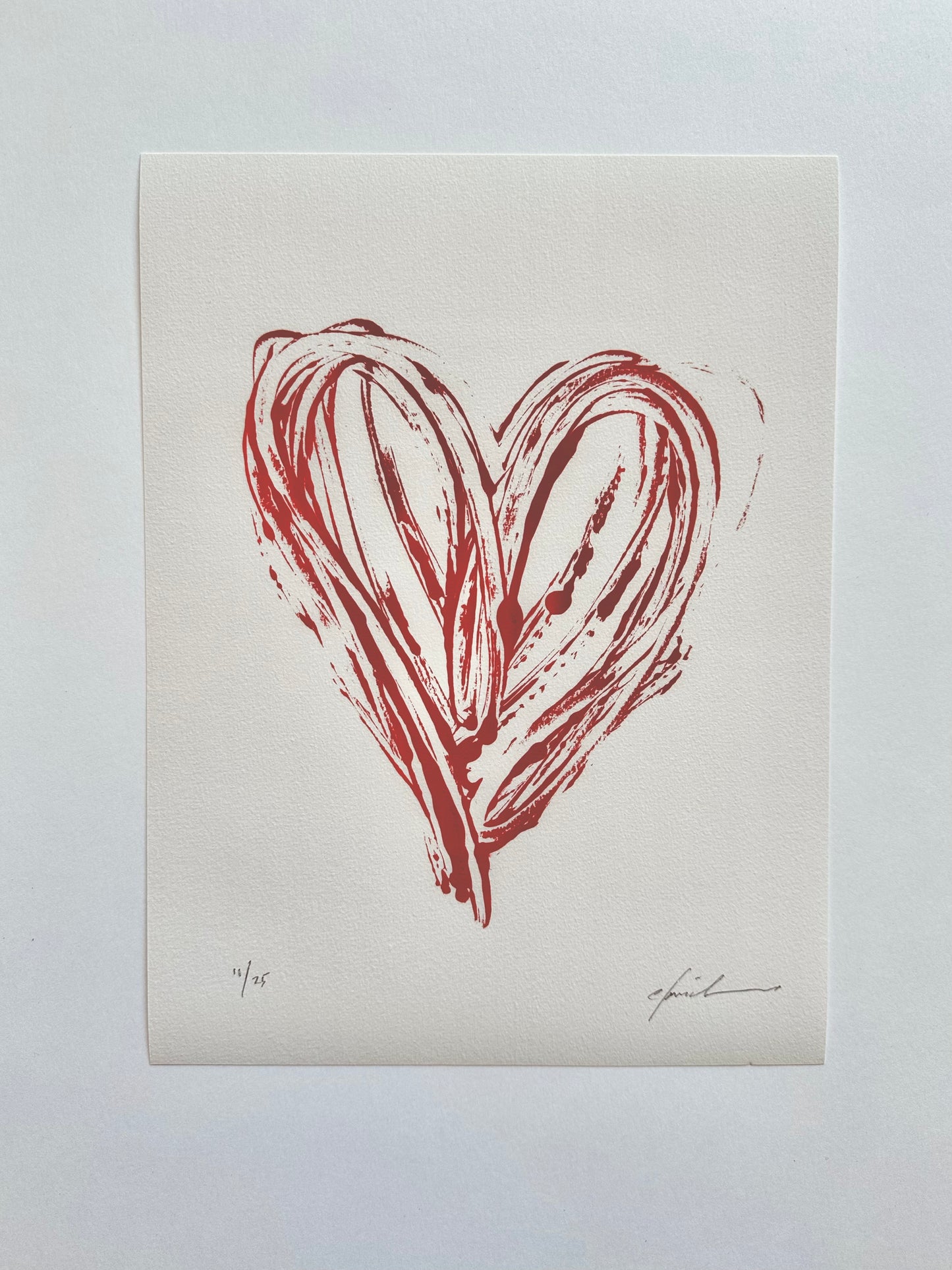 Red ink brushstroke heart, giclée print on white paper