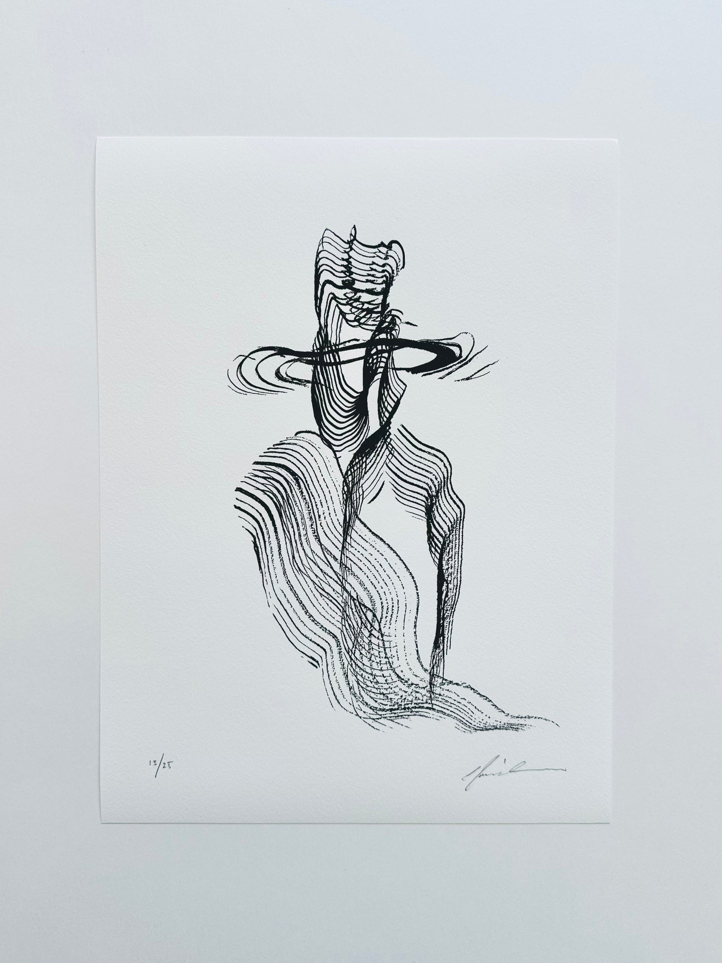 Black ink artwork of a cowboy in a hat and poncho, giclée print on white paper