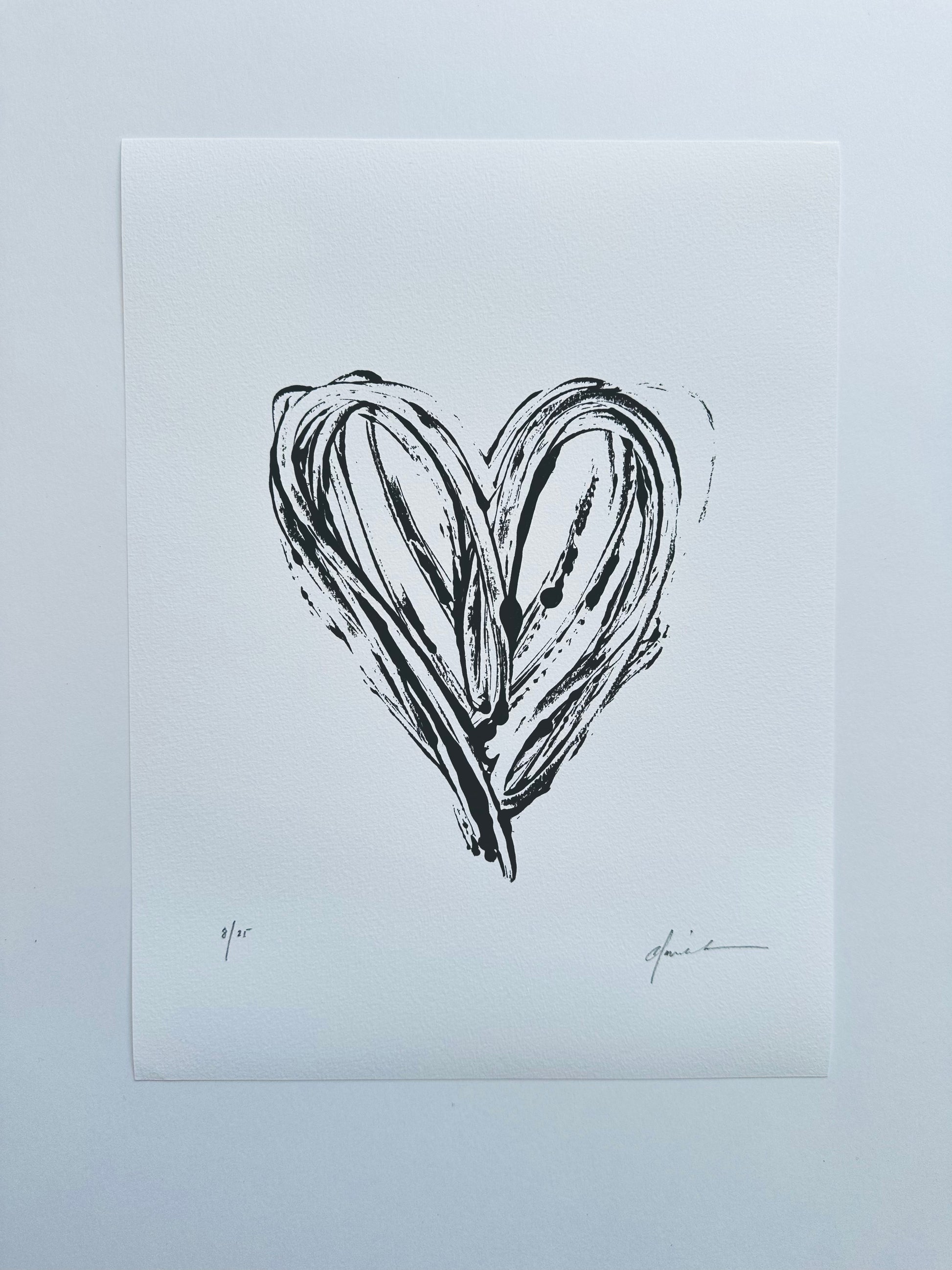 Black ink brushstroke heart, giclée print on white paper