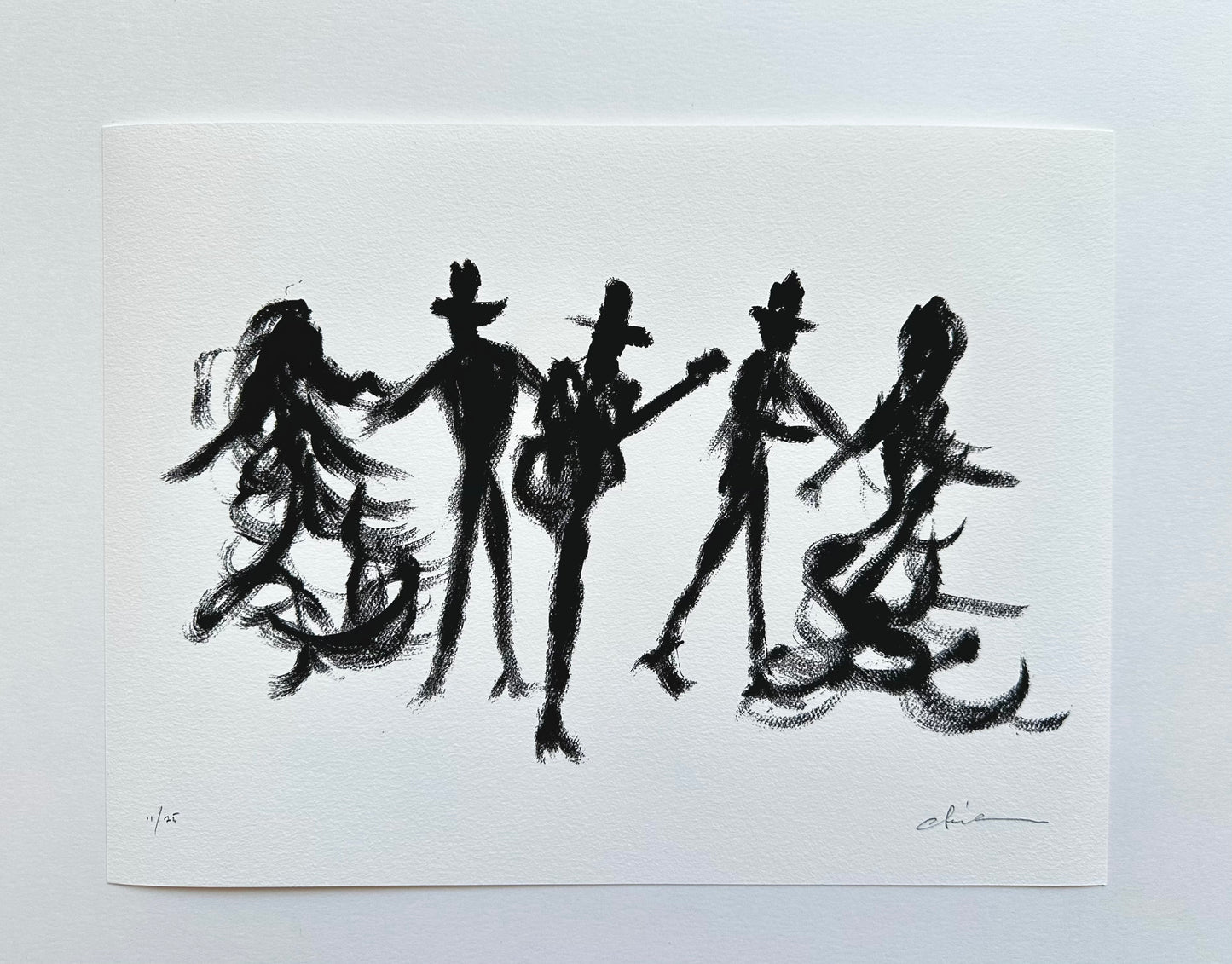 Black ink artwork of cowboys and women dancing in a line, giclée print on white paper