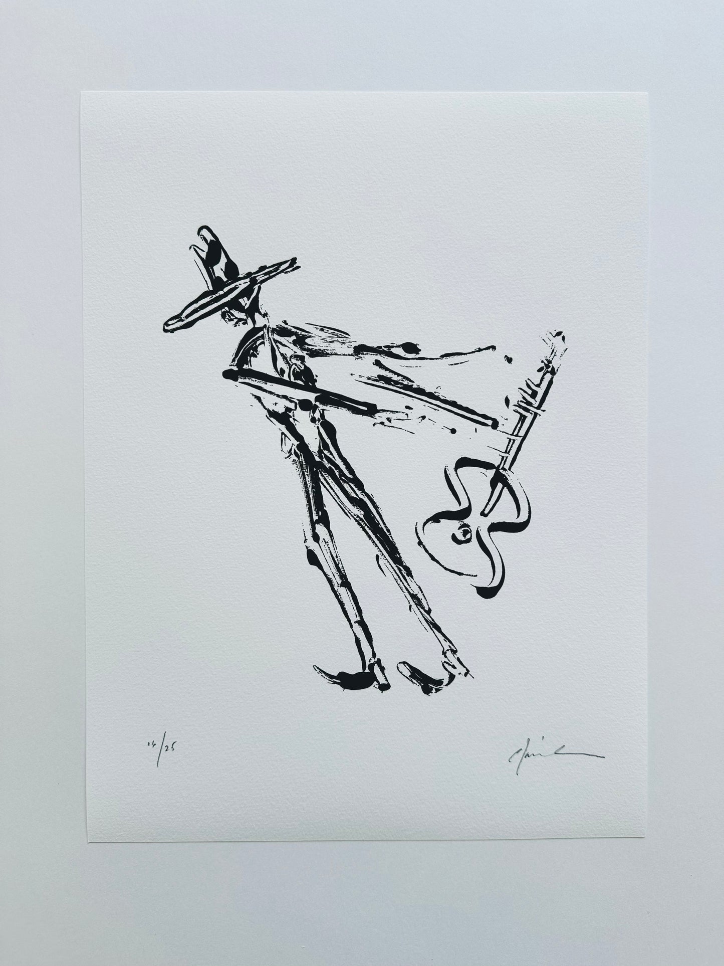 Black ink artwork of an abstract figure with a guitar, giclée print on white paper