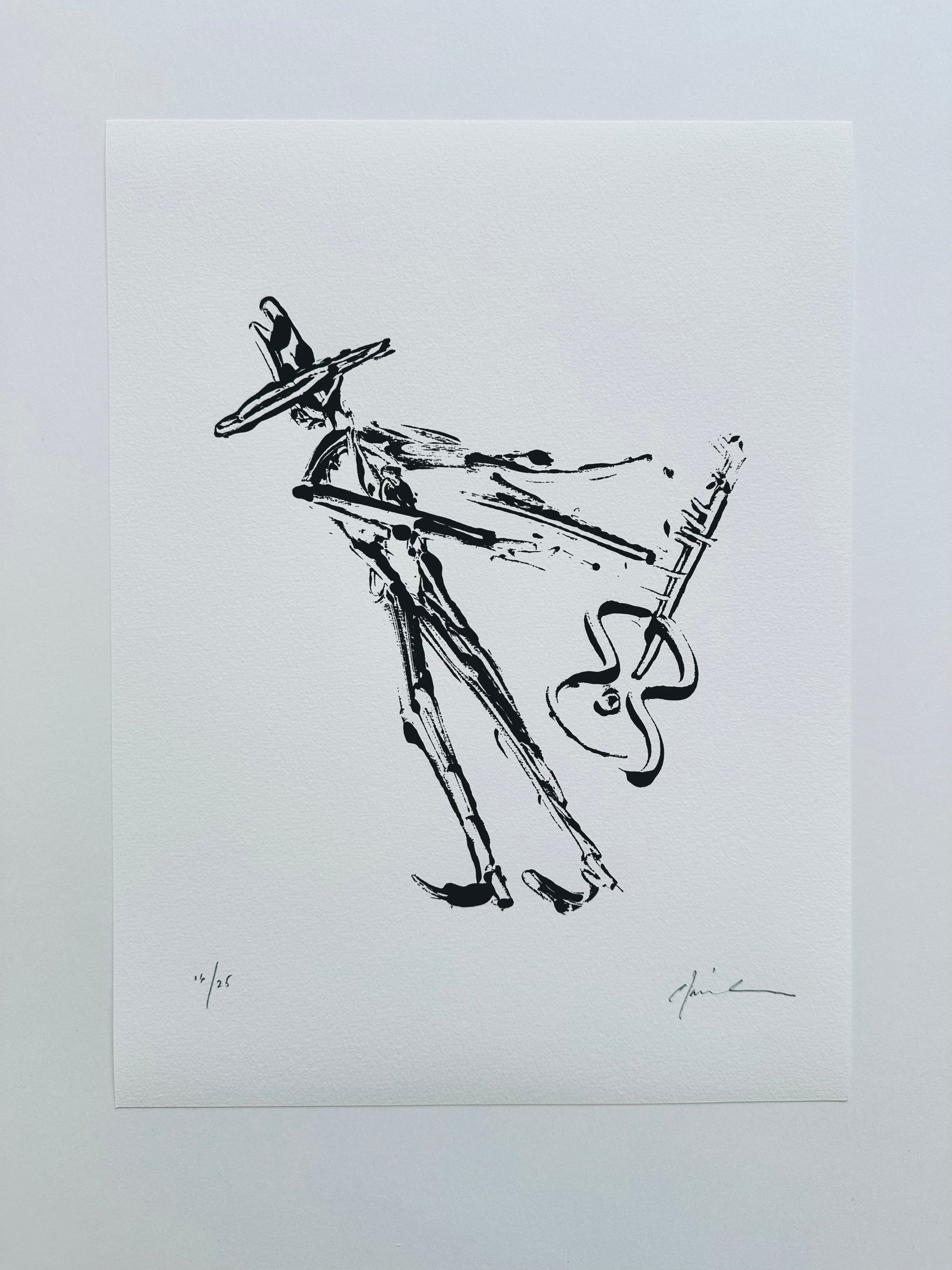 Black ink artwork of an abstract figure with a guitar, giclée print on white paper