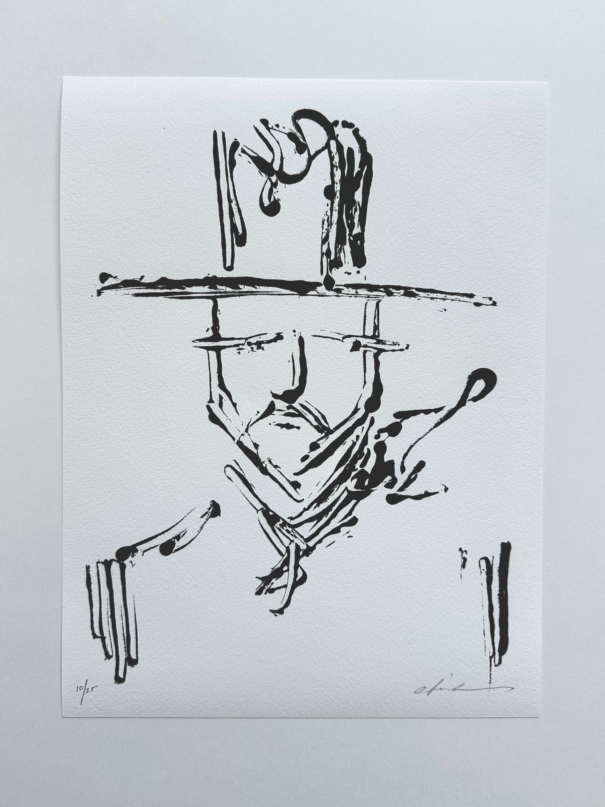 Black ink portrait of a man in a wide-brim hat with a guitar, giclée print on white paper