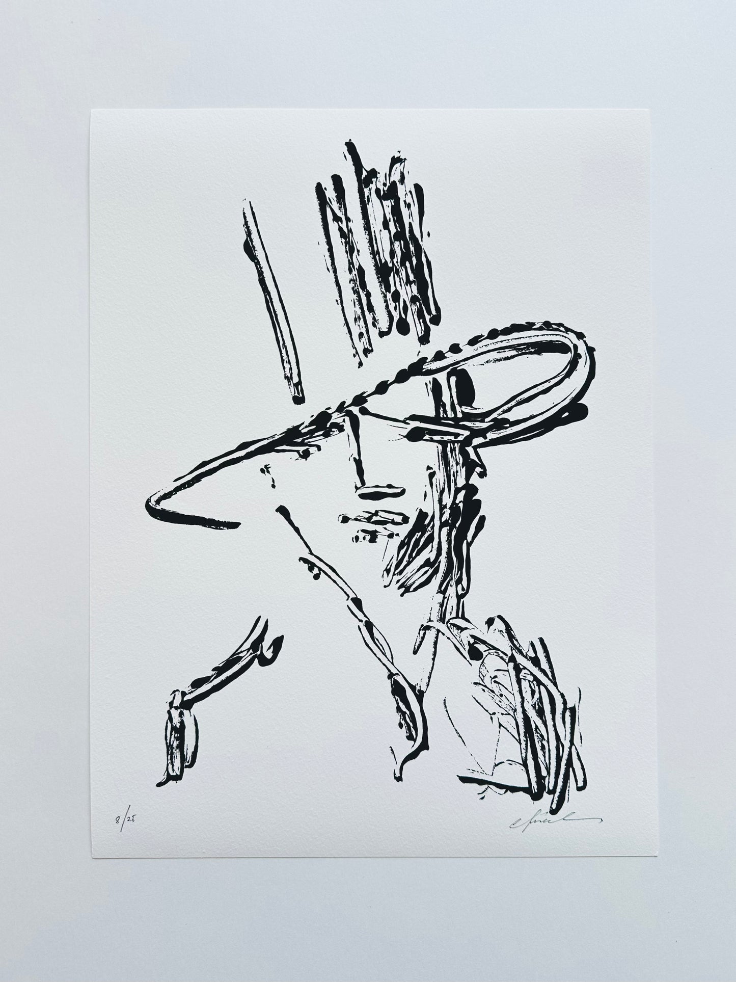 Black ink artwork of a figure in a tall hat with sweeping lines, giclée print on white paper