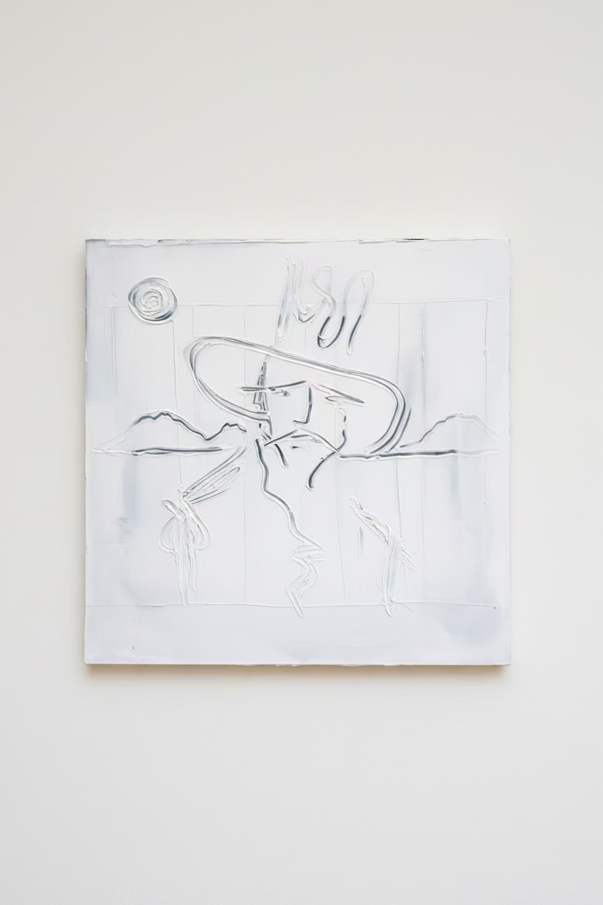 Large textured relief painting of a figure in a wide-brim hat in molding paste on a pale blue canvas, hung on a wall