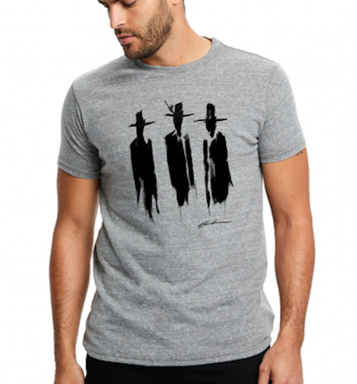 Model wearing a grey tri-blend T-shirt printed with three black cowboy silhouettes