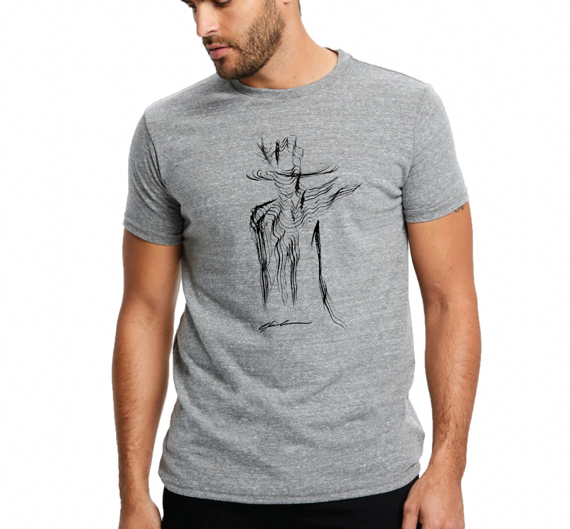 Model wearing a grey tri-blend T-shirt printed with a black ink cowboy in a hat and poncho