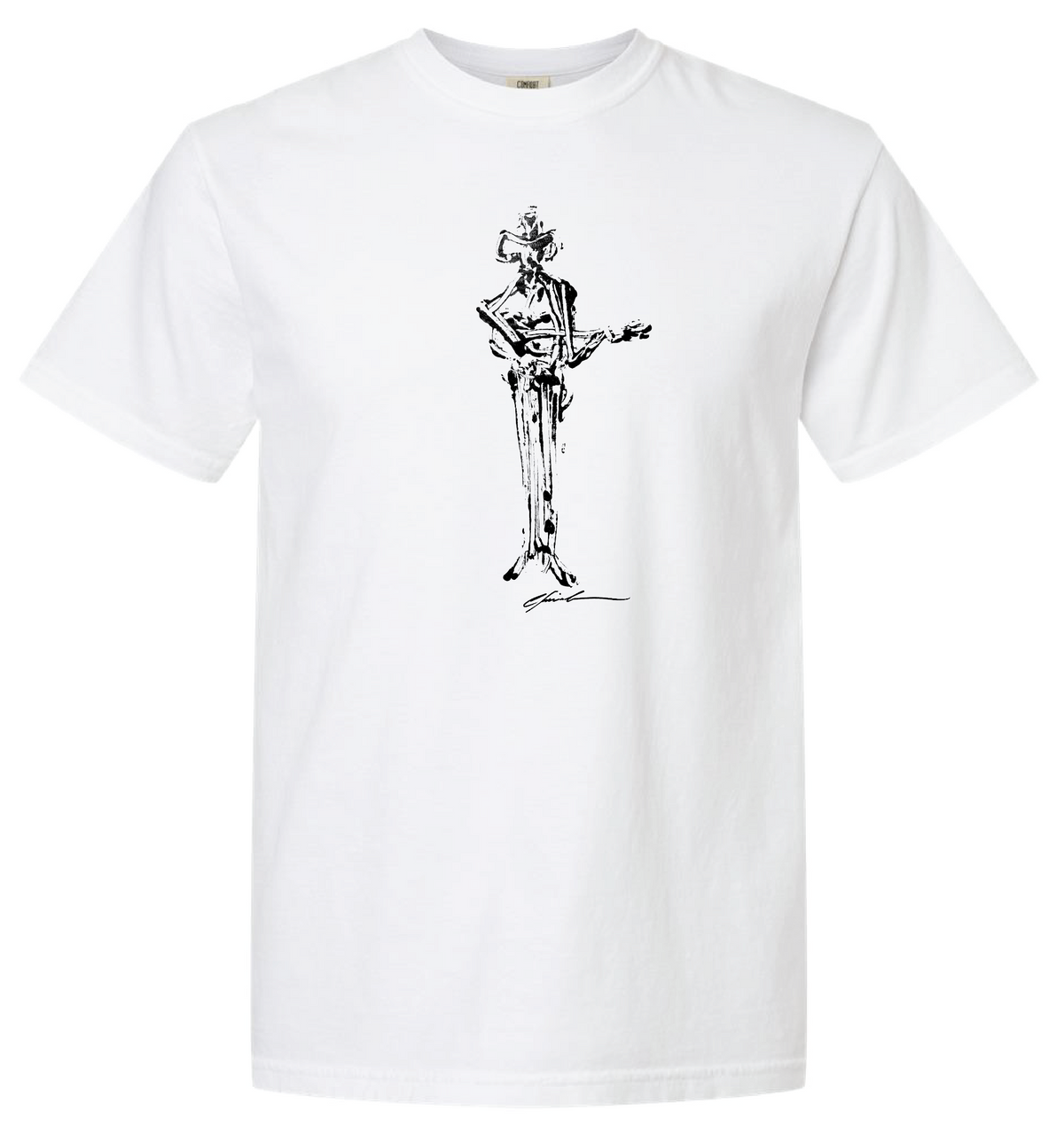 White T-shirt printed with a black ink cowboy holding a guitar